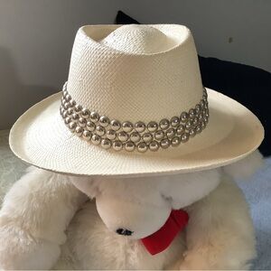 Vintage Metal Studded  Cream Straw Hat with Red Band